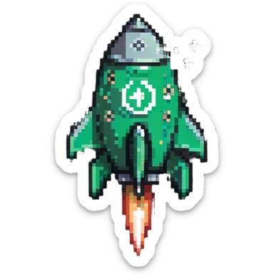 Green check mark with a small rocket ship, deployment success symbol sticker