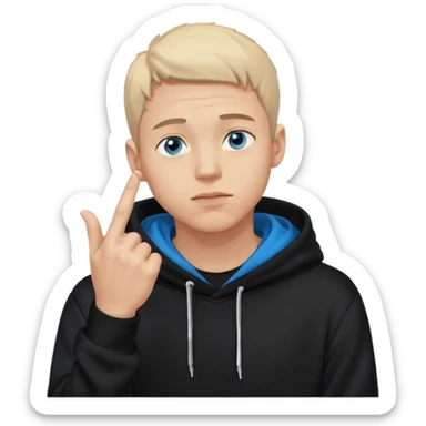 man in black hoodie in thinking pose, blue eyes, right hand raised, index finger touching his chin, eyes looking up to the top right sticker