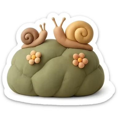 mossy rock with snails and small flowers in earthy pastel colors, cushion style sticker
