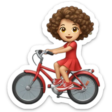 Taiwanese girl with lazy curly hair wearing red dress and keen shoes riding bicycle sticker