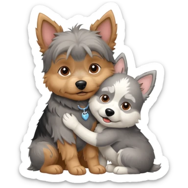 Old yorkie hugging a husky dog sticker