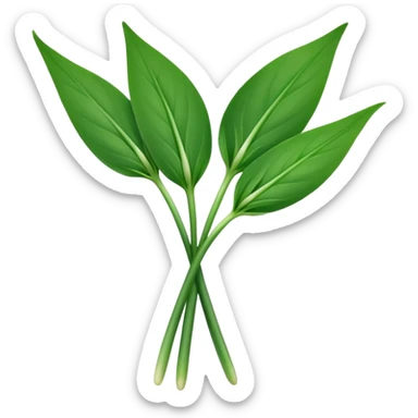 single sprig or small cluster of wild garlic leaves with smooth, elongated, lance-shaped blades, rich vibrant green color, soft central veins, fresh slightly glossy surface, gently arching from slender stems, no roots, no soil, no extras, apple emoji style, soft lighting, subtle shadows, emoji scale sticker
