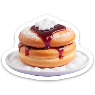 Berliner Krapfen, round, golden-brown, no hole, lots of powdered sugar, jam filling showing sticker