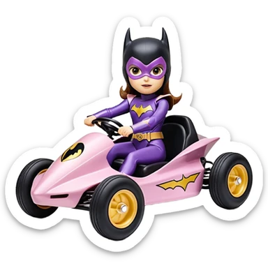 Hot full size real-appearance retro electric racing action BatGirl’s feminine midnight-colored tight outfit sixty’s tv show 1992 stealthy retro sporty safe plush petite off-road pursuit cruiser car rose gold accents (black hair,reclined and relaxed torso seating position) go kart  sticker