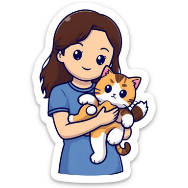 brown-haired girl holding a fluffy ragdoll cat sticker