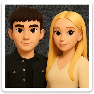 Slightly increase the volume of the upper body of the girl, separate the girl and the boy from each other, and make the skin color the same for both characters. Maintain the cartoonish 3D style as in the reference image. sticker
