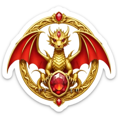 Golden Dragon with wings crest/brosch in a circle with red gems sticker