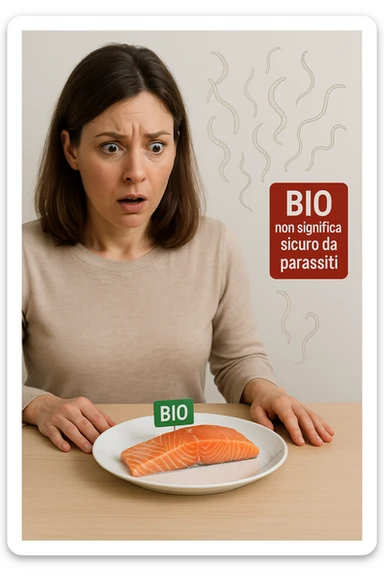 Donna tra i 30 e i 40 anni, seduta a tavola con espressione sorpresa e preoccupata mentre guarda un piatto elegante di salmone crudo etichettato 'BIO'. In trasparenza sopra il salmone si vedono parassiti intestinali stilizzati, come larve o vermi sottili, fluttuanti nell’aria. Accanto al piatto, una scritta fluttuante in stile etichetta rossa avverte: 'BIO non significa sicuro da parassiti'. Atmosfera visivamente pulita ma con tensione sottile, colori realistici con accento sul contrasto tra immagine 'salutare' e minaccia invisibile sticker