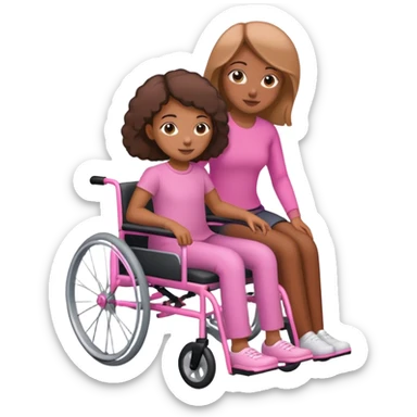 One tan skin sister pushing her brown skin sister in a pink wheelchair sticker