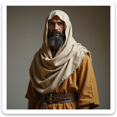 fullbody depiction of a Jerusalem man in Jesus-era attire, including robe, belt, and headscarf, photorealistic style sticker