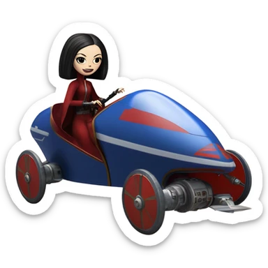 Jedi teen Morticia Addams flying a red and blue Zephyr-J Jumpspeeder anti-gravity repulsorlift powered by an imperial speeder steampunk  sticker