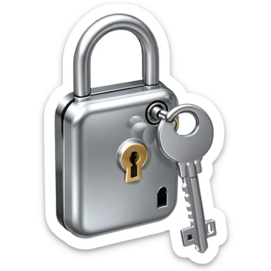 A chrome silver lock and key emoji, smooth metallic surfaces, glossy reflections, luxury swag vibe, minimal iOS emoji style, centered on clean white background sticker