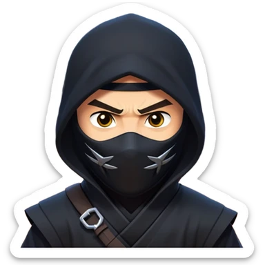 clash-of-clans-aesthetic_-cinematic-mysterious-male-ninja-portrait-emoji, rendered in a flat, vector-style with minimal shading and bold, simplified shapes, with a head slightly turned revealing intense, focused eyes, perched crouched next to an agile trained panther with glossy fur moving silently through shadowed urban rooftops and moonlit alleyways. sticker