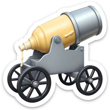 Cannon on wheels that has some mayonnaise dripping out of the front sticker