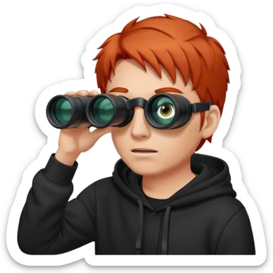 A red-haired man in a black hoodie looks through binoculars. sticker