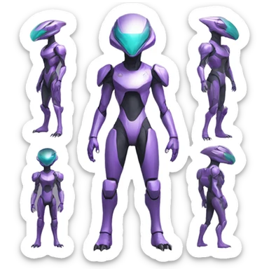 A Reptile-Raptor-Genesect-Mewtwo-Fakémon with a futuristic visor-helmet and wearing a techwear-suit Full Body sticker