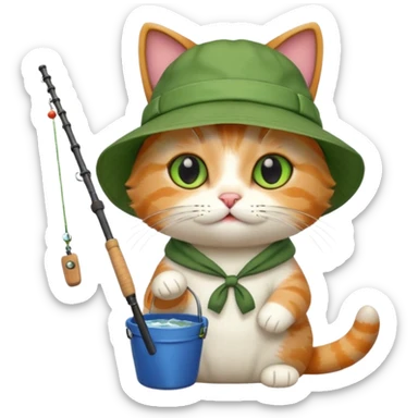 cat holding fishing rod with bucket hat green sticker