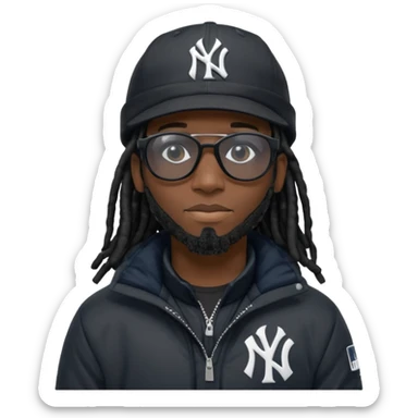 African American man with shoulder length black dreadlocks and black sunglasses wearing a black New York Yankees baseball hat with a North Face brand bubble winter coat sticker