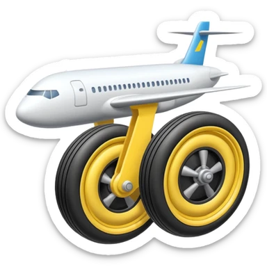 Isometric view of airplane landing gear in emoji style — one inflated, puffy wheel with a strut, soft 3D look, rounded shapes, clean and cartoon-like sticker