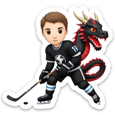 Ice hockey player, in black jersey, with dragon logo sticker