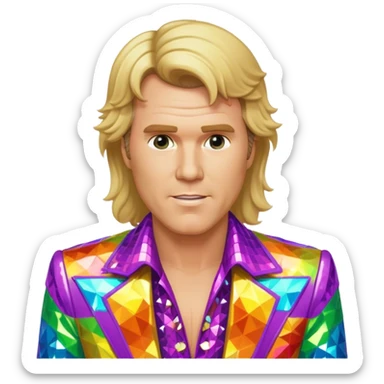 will ferrel realistic, with long blonde straight hair, disco outfit sticker