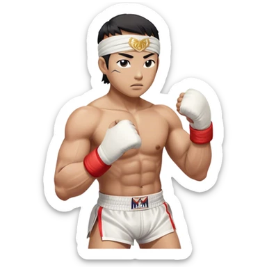 ​Cinematic Realistic Traditional Muay Thai Fighter, depicted in authentic attire featuring white bandaged gloves wrapped around his fists, a traditional headband tied neatly, and classic Muay Thai shorts, captured in a dynamic fighting stance under dramatic, high-energy lighting that highlights the raw power and elegance of the art, sticker