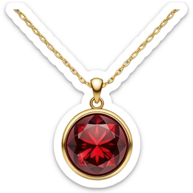 A polished round ball red garnet pendant suspended from a delicate gold chain, like a drop of enchanted starlight, glowing with the warmth of passion and the quiet power of transformation sticker
