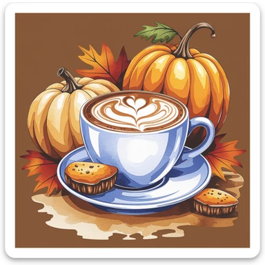 coffee latte art seamless background, pumpkin spice latte, creamy brown and orange tones, cozy autumn café vibe, watercolor effect sticker