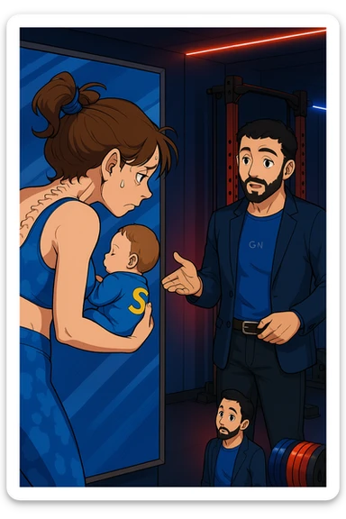 ispirati a questo stile di disegno e fai questa immagine in versione manga/webtoon a colori, il manga mostra la donna che si guarda alla specchio preoccupata di profilo con la postura sbagliata e incurvata, spalle chiuse e curve in avanti, con un neonato in braccio con una tutina azzurra e la scritta "S" blu sulla schiena, spina dorsale storta della donna in evidenza mentre al suo fianco anche l'uomo guarda la donna riflessa nello specchio e le spiega una cosa, ma non fare i fumetti, fai come se stessero parlando sticker