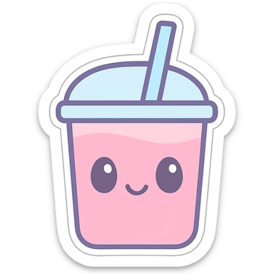 a cute pink drink sticker with a smiling face, pastel colors, kawaii style sticker