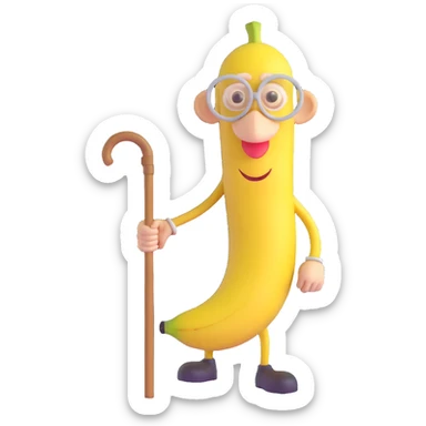 elderly banana walking with a cane, balding top, wise eyes, friendly demeanor, plain background sticker