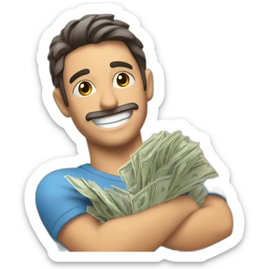 chico festejando estirando los brazos hacia arriba feliz, con billetes volando sticker