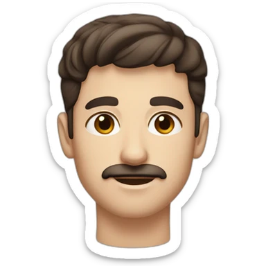 A young Caucasian man with dark brown eyes, almond-shaped eyes, short dark brown hair, and a small dark brown beard with a more prominent mustache. sticker