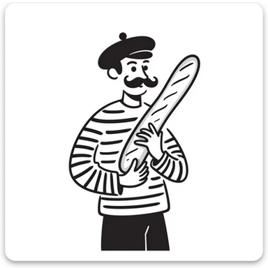 A Frenchman with a moustache and a beret, holding a baguette, wearing a black and white striped shirt, hand-drawn doodle style. sticker