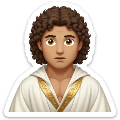 Cinematic Realistic Hercules Portrait, depicted as a classical Greek hero inspired by the Disney version yet echoing the refined proportions and serene dignity of Michelangelo's David. His idealized, tan skin glows with timeless strength, and his thick, curly wavy dark brownhair falls in natural, sculpted curls. Draped in a flowing white robe with delicate golden accents, his expressive eyes radiate determined nobility, all rendered under dynamic natural lighting with a mythic, radiant glow. sticker