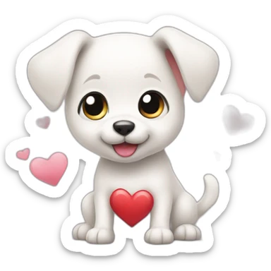 White puppy wagging tail holding heart sticker