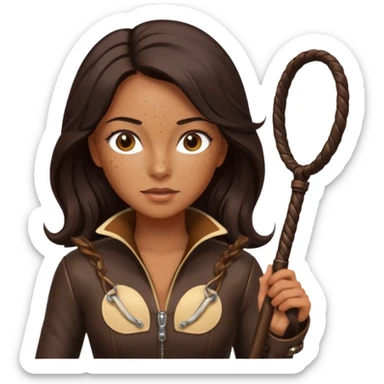 Tan skin with freckles, long dark hair, hazel eyes Dominatrix with whip sticker