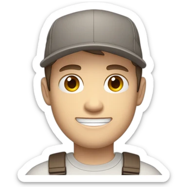 Pale skinned fit Man with dark brown hair in a light gray cap, dark brown jeans, brown polo and white T-shirt keeping a pasted with tape white box into his hands sticker