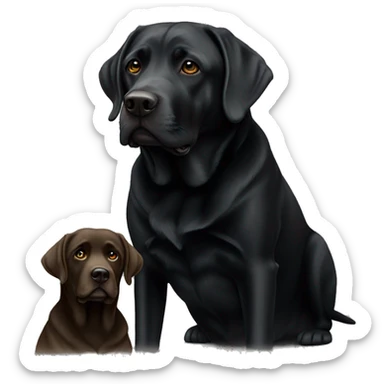 two black Labradors, one is old sticker