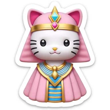 a Hello Kitty–style plush dressed as an Egyptian pharaoh, held by a hand, with a pyramid in the desert background, clear blue sky, natural light, shallow depth of field. sticker