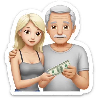 Kind elderly grandfather with gray hair giving money to a, pretty, tube top, blonde young woman who needs financial help,  sticker