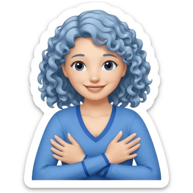 silver, wavy/curly hair chin-length lady giving hug with 2 arms, blue v-neck and smiling sticker