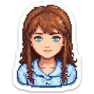 Change hair color to brown, keep the same pixel art style and side-swept bangs, with no background. sticker