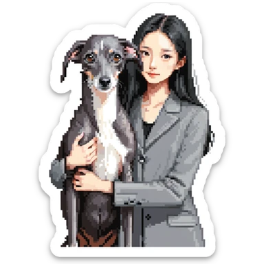 Slim Chinese girl with long black hair petting a dark grey Italian greyhound with a visible grey chest, no white markings anywhere sticker