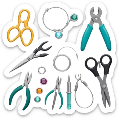 Jewelry art icon, various jewelry pieces like rings, necklaces, and bracelets in progress, visible tools such as pliers, gemstone, wire, and soldering equipment, minimalistic style, clean lines, transparent background. sticker