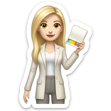Full height pale skin woman with blonde Straightened Hair to shoulders, White classical jacket, Gray Palazzo pants holding a color palette in the hands sticker