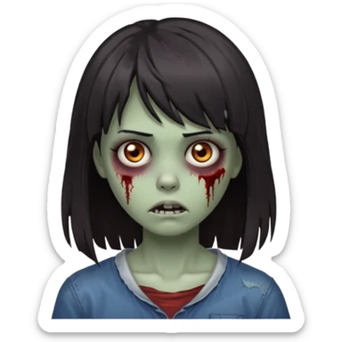  iPhone emoji is a zombie girl with dark hair long below her shoulders bangs and a ragged haircut gray eyes sticker