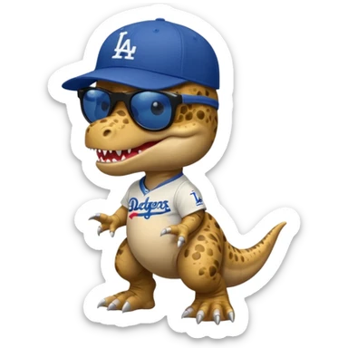 Baby T-Rex wearing sunglasses and an L.A. Dodgers baseball cap sticker