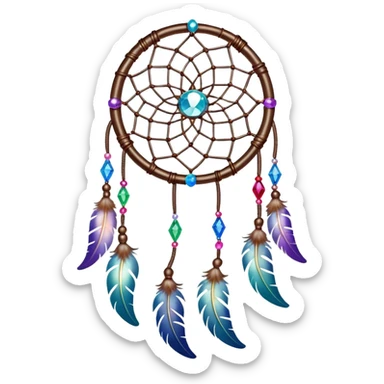 Iridescent shiny transparent crescent Dreamcatcher-suncatcher hanging from a thread, with gemstones, and beads sticker