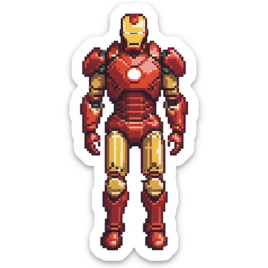 Hulkbuster armor, massive red and gold Iron Man suit designed to fight Hulk, bulky armored exoskeleton, retro video game style sticker